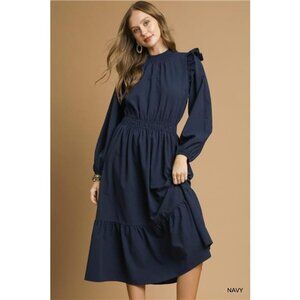Umgee Textured Midi Dress with‎ Ruffle Shoulder Detail